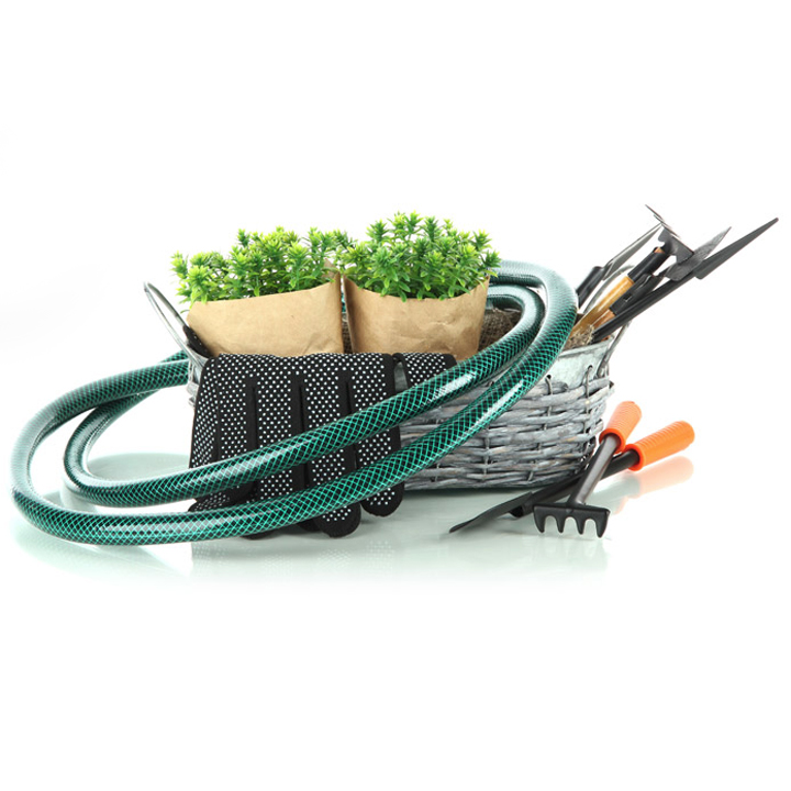 Garden hose, gloves, hand tools, and small potted plants